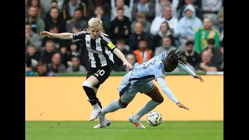 Cầu thủ Newcastle dùng kỹ thuật đi bóng qua cầu thủ Tottenham trên sân cỏ